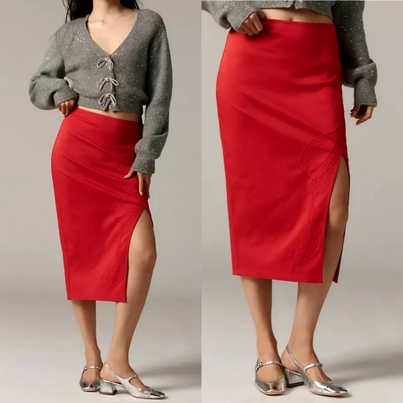 Anthropologie Maeve Bombshell Bow Midi Pencil Skirt In Red Size Large NWT - Picture 1 of 14